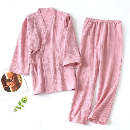 Men and Women 100% Cotton Pajamas Plus Size Loose Bathrobes V-Neck Kimono Pijama Mujer Three Quarter Sleepwear Couple Loungewear